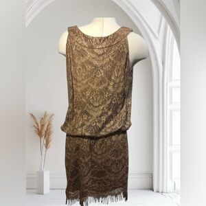 Gorgeous gold  tone dress with lace overlay & fringed bottom. Perfect condition
